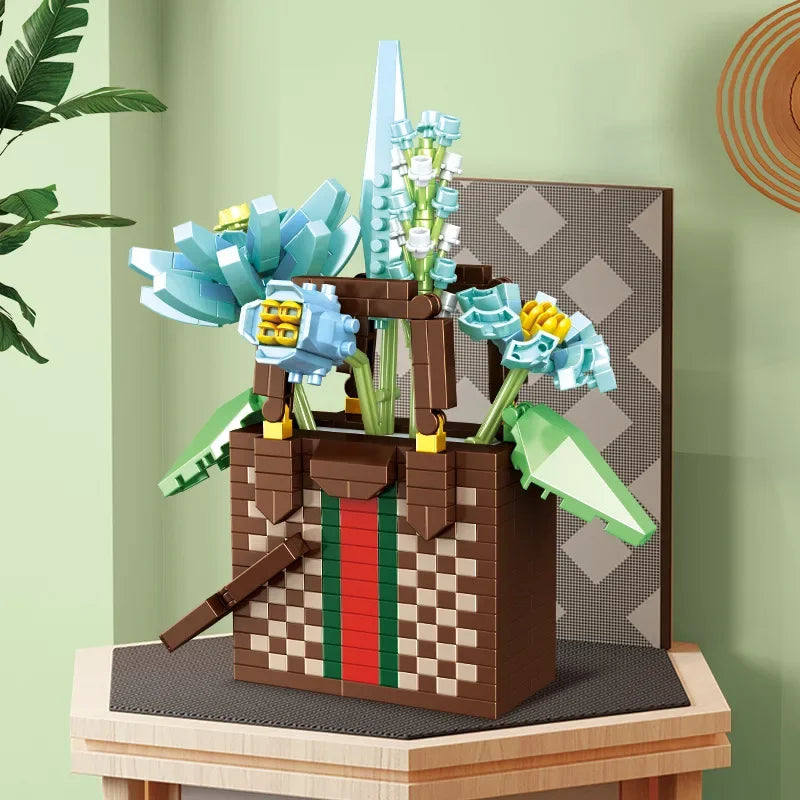 Bag flower basket Flower language girl pieced together assemble building blocks toy decoration model gift
