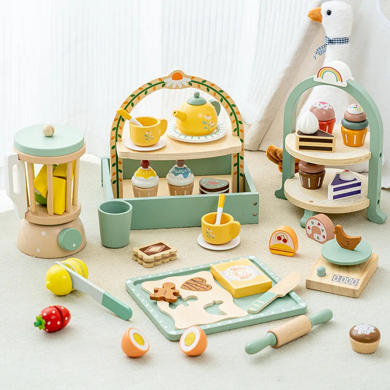 Wooden Kitchen Pretend Play Toy Kids Wooden Toys Coffee Maker Set Cake Ice Cream Tea Playset Toddler Learning Educational Toys