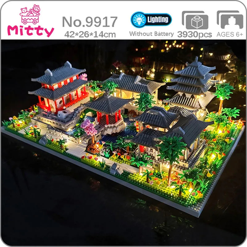 Lezi Architecture Ancient Pavilion Temple Tower Lake Garden Gate LED Light Model Mini Diamond Blocks Bricks Building Toy no Box