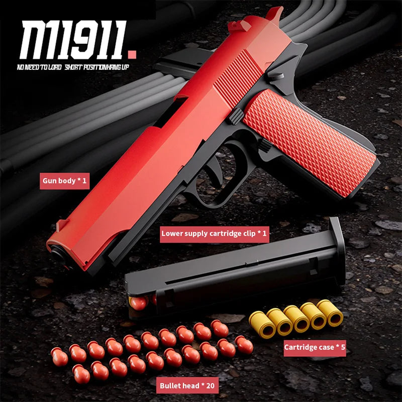 New.All Black M1911 Colt Toy Gunman Gun, Soft Bullet Shell, Catapult Blaster, Manual Air Gun Launcher, Boys Shooting Game 14+y