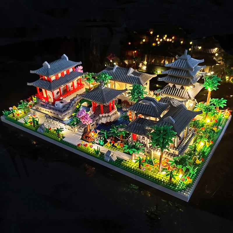 Lezi Architecture Ancient Pavilion Temple Tower Lake Garden Gate LED Light Model Mini Diamond Blocks Bricks Building Toy no Box