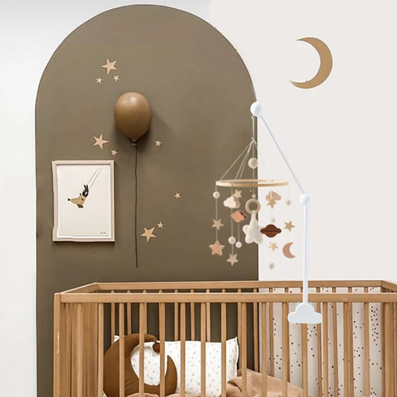 Baby Wooden Cloud Bed Bell Rattle Holder Bracket Mobile Hanging Rattle Toys Arm Bracket for 0-12 Months Newborn Crib Decoration