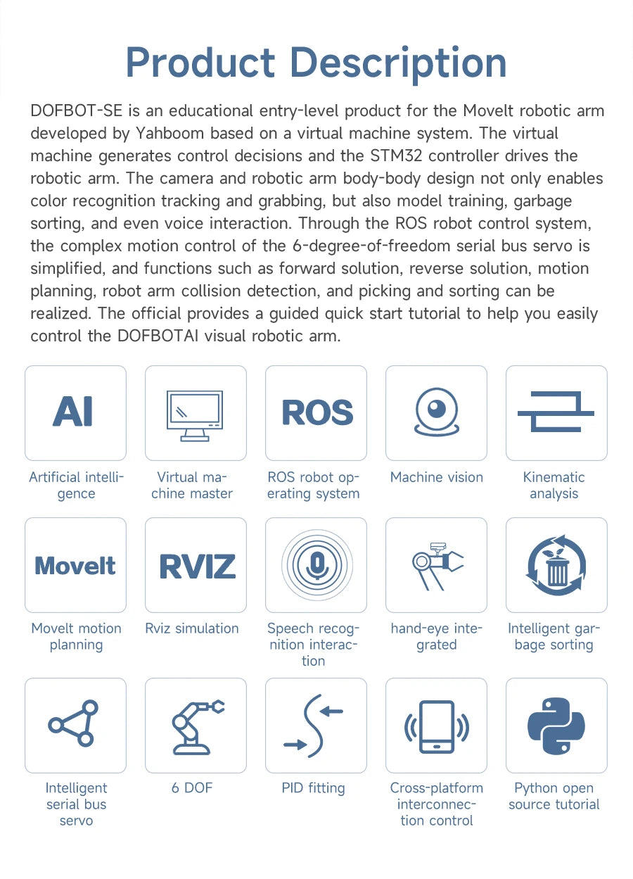 DOFBOT SE AI Vision Robotic Arm Virtual Machine Version 6DOF with ROS System Use Python Programming  For Windows Computer