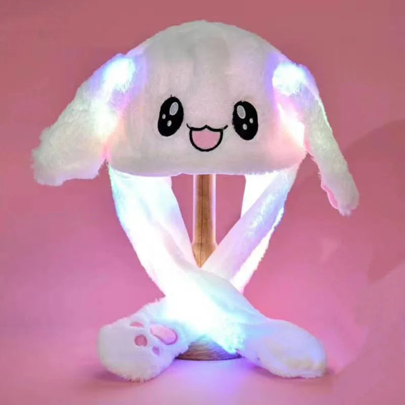 LED Light Bunny Ear Moving Hat Cute Animal Hat with Luminous Jumping up Plush Moving Ears Cap for Kids Funny Cosplay Party Hat