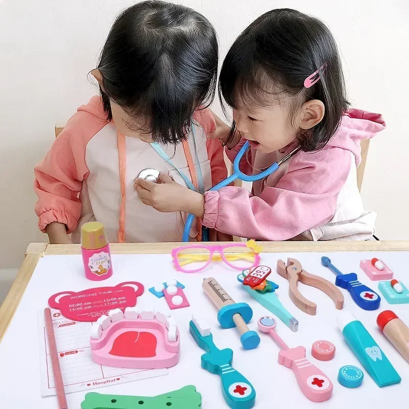 Doctor Toys for Children Set Kids Wooden Pretend Play Kit Games for Girls Boys Red Medical Dentist Medicine Box Cloth Bags Gifts