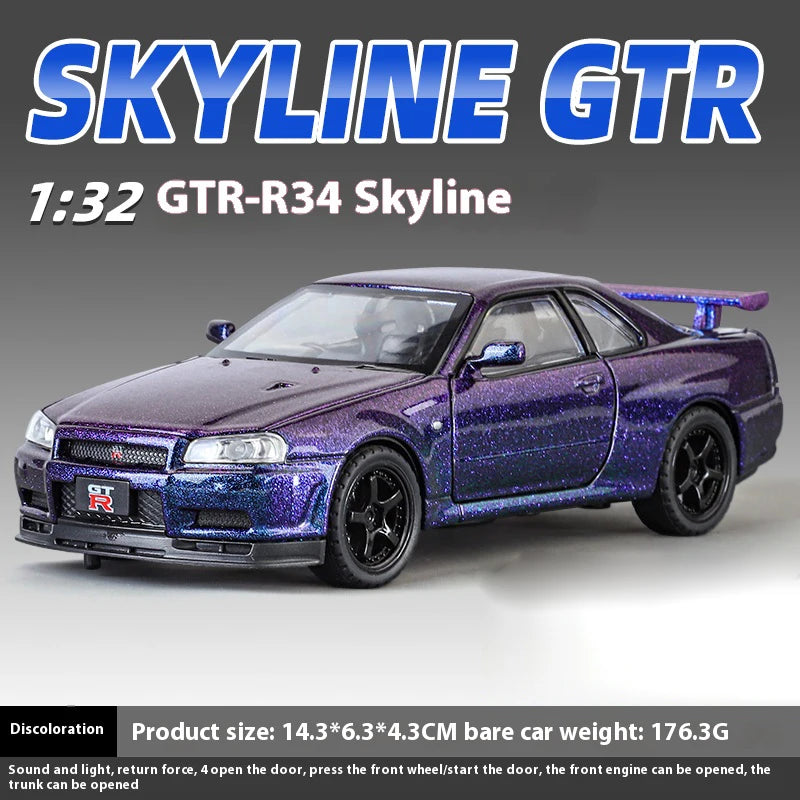 1:32 Nissan GTR R34 Skyline Supercar Alloy Metal Diecast Car Model Sound & Light Holiday Boyfriend Gift Collect Hobby Ornaments