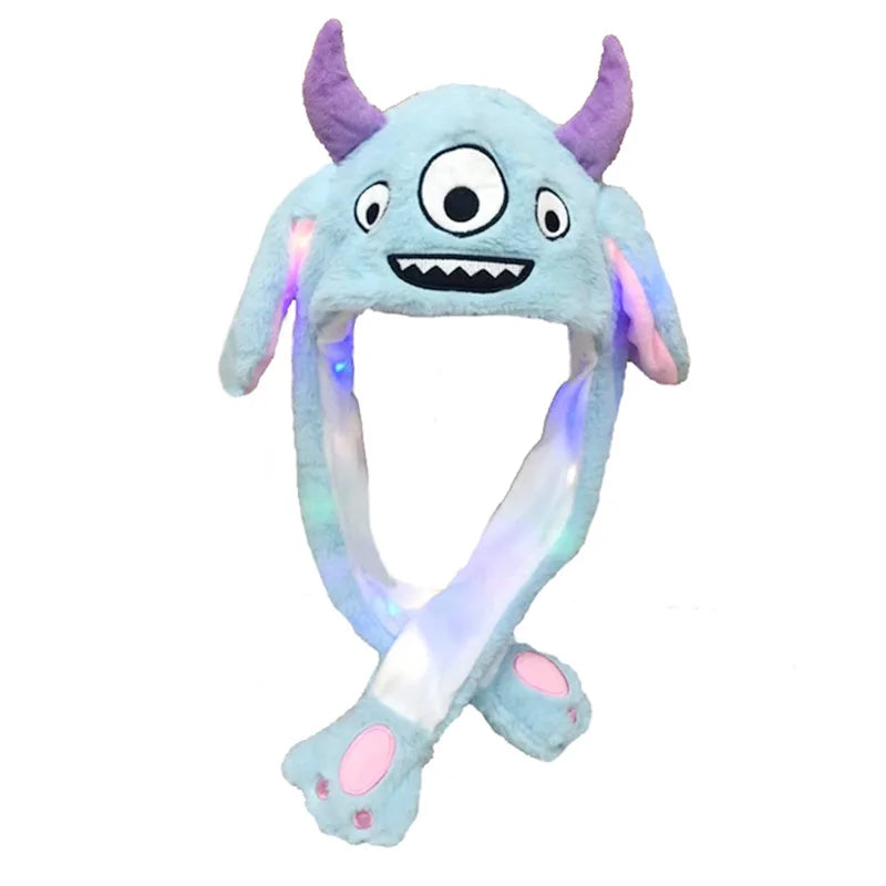 LED Light Bunny Ear Moving Hat Cute Animal Hat with Luminous Jumping up Plush Moving Ears Cap for Kids Funny Cosplay Party Hat