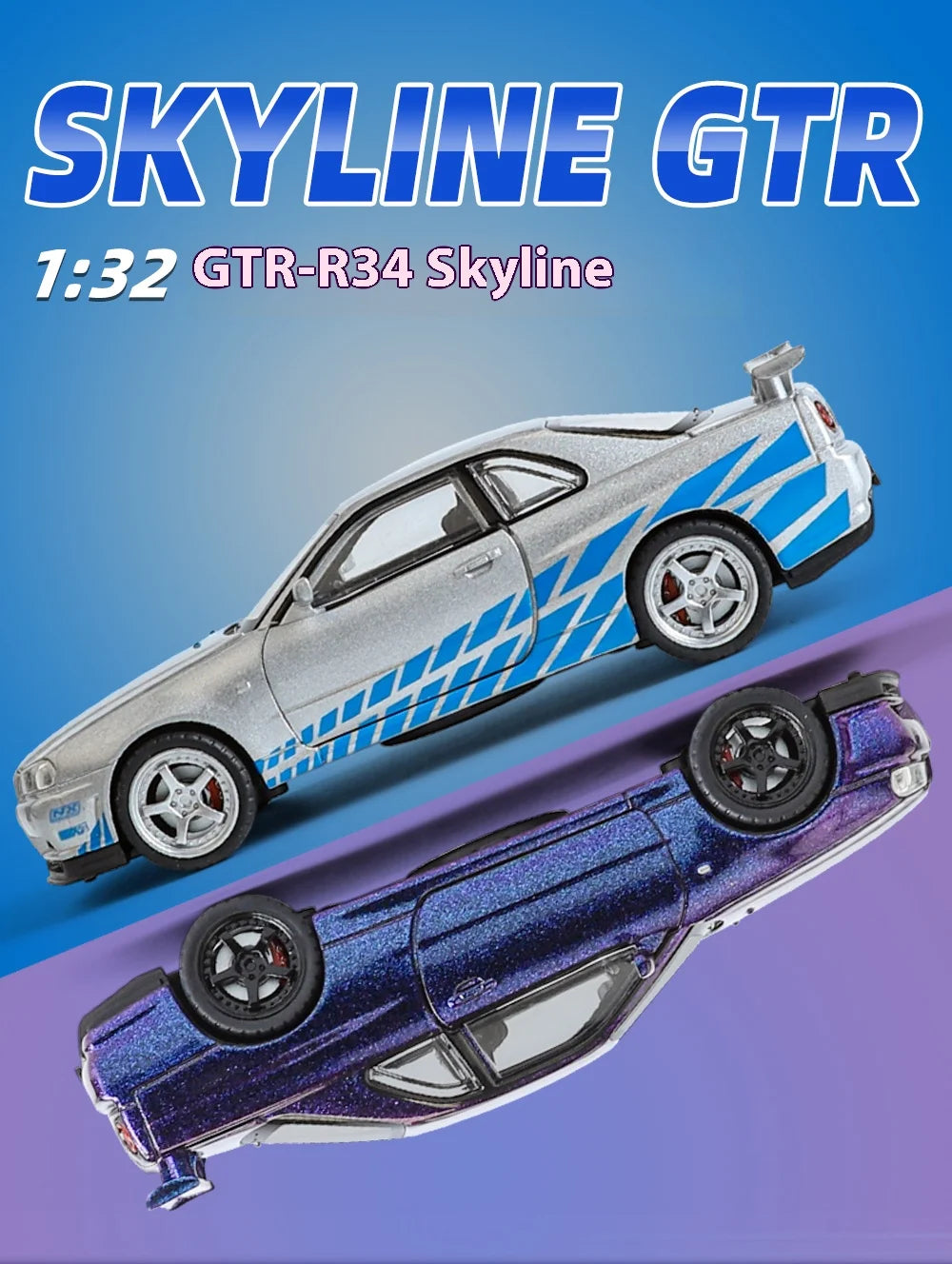 1:32 Nissan GTR R34 Skyline Supercar Alloy Metal Diecast Car Model Sound & Light Holiday Boyfriend Gift Collect Hobby Ornaments