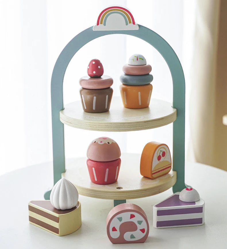 Wooden Kitchen Pretend Play Toy Kids Wooden Toys Coffee Maker Set Cake Ice Cream Tea Playset Toddler Learning Educational Toys