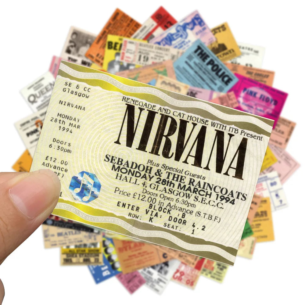 55pcs Retro Rock Band Tickets Graffiti Stickers Aesthetic Phone Bike Wall Scrapbook Motorcycle Waterproof Cartoon Sticker
