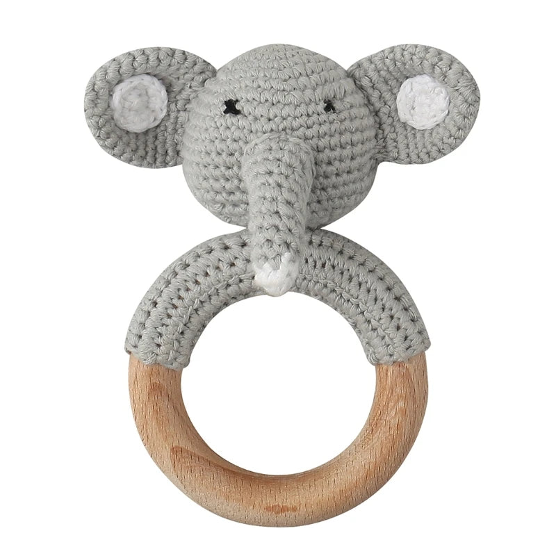 Handmade Baby Wooden Teether DIY Crochet Deer ELK Rattle Newborn Rodent Teething Ring Mobile Gym Educational Toys for Kids