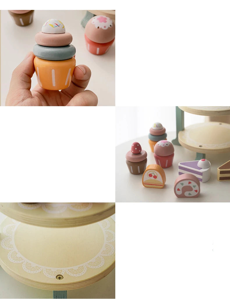 Wooden Kitchen Pretend Play Toy Kids Wooden Toys Coffee Maker Set Cake Ice Cream Tea Playset Toddler Learning Educational Toys