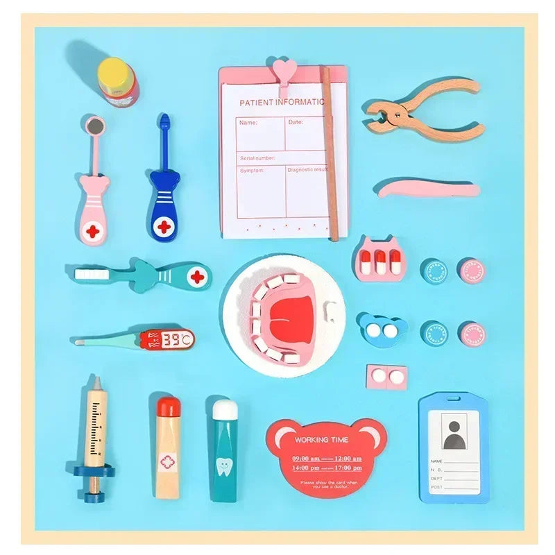Doctor Toys for Children Set Kids Wooden Pretend Play Kit Games for Girls Boys Red Medical Dentist Medicine Box Cloth Bags Gifts