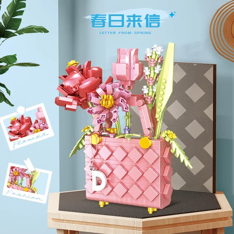 Bag flower basket Flower language girl pieced together assemble building blocks toy decoration model gift