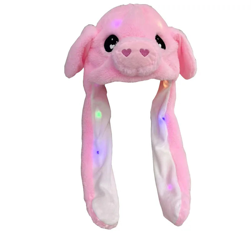 LED Light Bunny Ear Moving Hat Cute Animal Hat with Luminous Jumping up Plush Moving Ears Cap for Kids Funny Cosplay Party Hat
