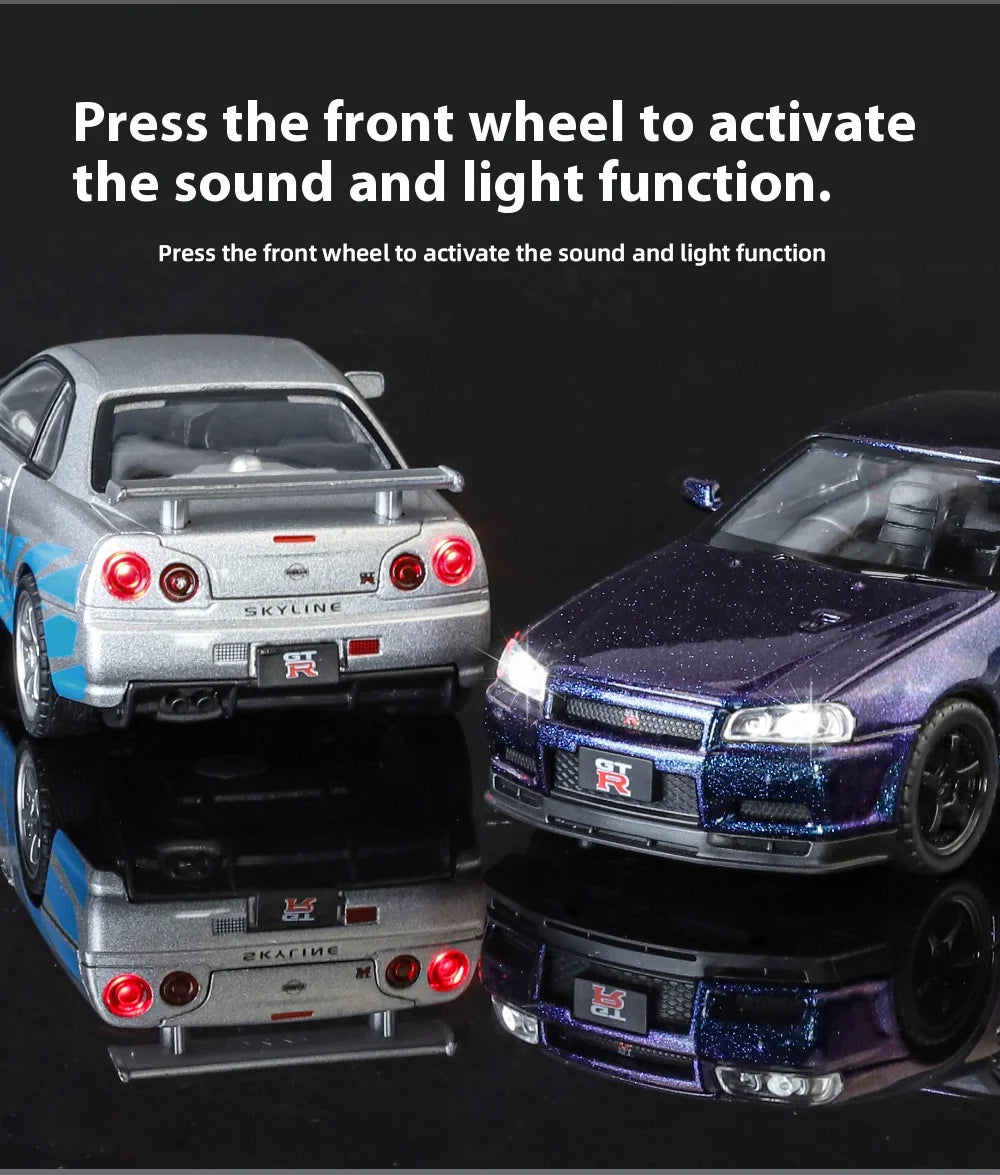 1:32 Nissan GTR R34 Skyline Supercar Alloy Metal Diecast Car Model Sound & Light Holiday Boyfriend Gift Collect Hobby Ornaments