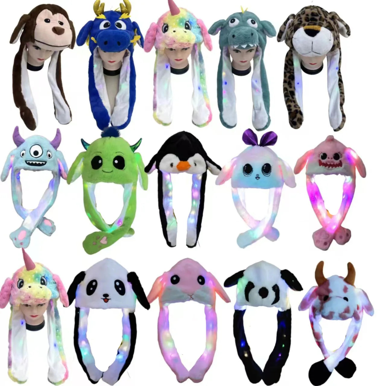 LED Light Bunny Ear Moving Hat Cute Animal Hat with Luminous Jumping up Plush Moving Ears Cap for Kids Funny Cosplay Party Hat