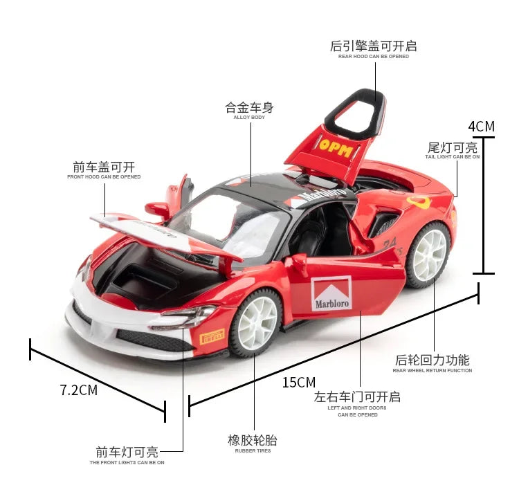 1:32 Ferrari SF90 sports car Diecast Metal Alloy Model Car Sound Light Pull Back Collection Toy Gifts