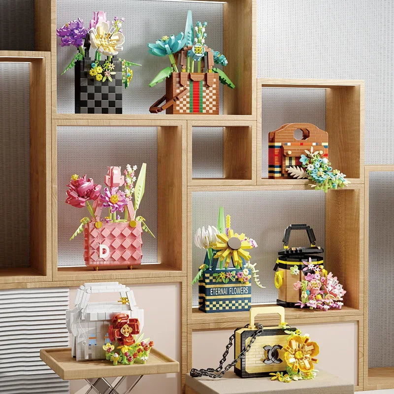 Bag flower basket Flower language girl pieced together assemble building blocks toy decoration model gift