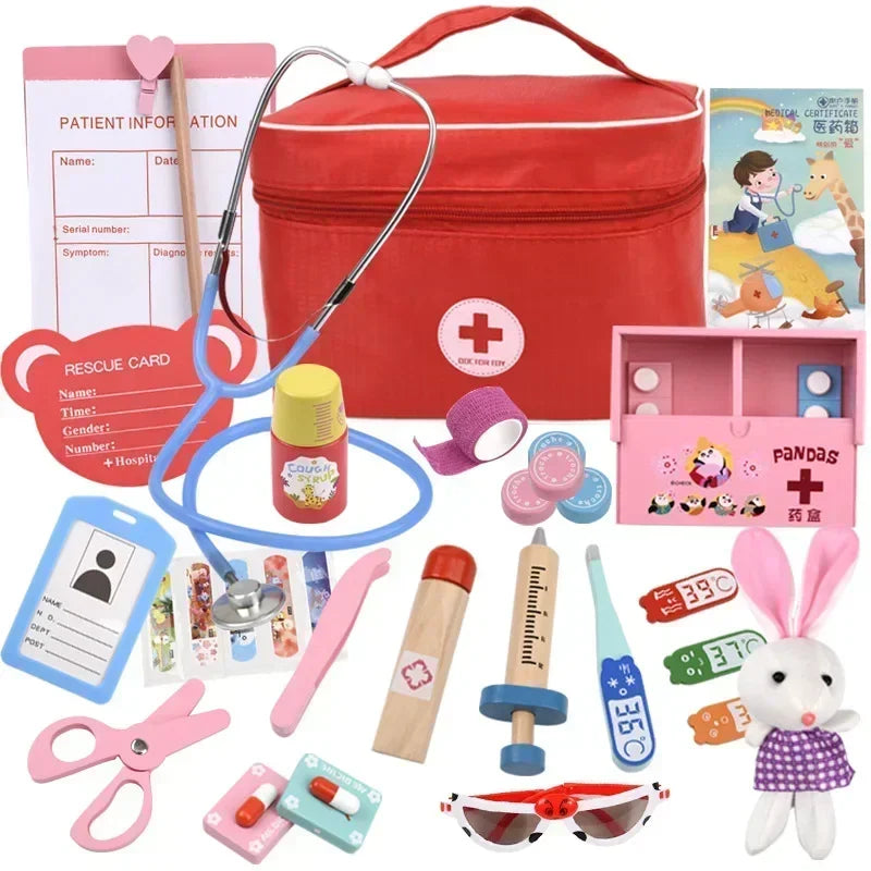 Doctor Toys for Children Set Kids Wooden Pretend Play Kit Games for Girls Boys Red Medical Dentist Medicine Box Cloth Bags Gifts