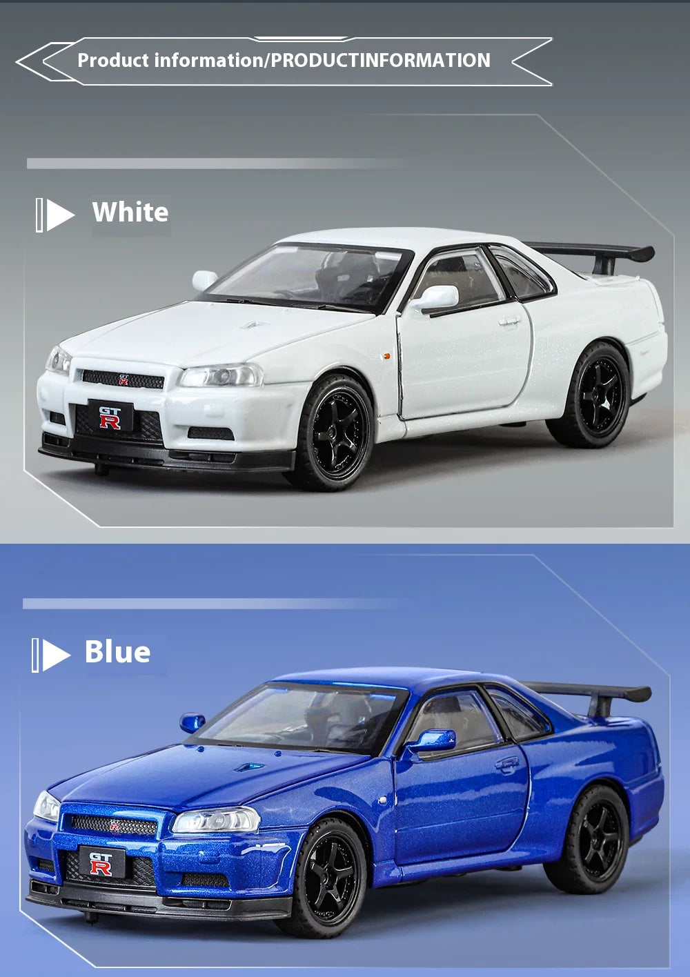 1:32 Nissan GTR R34 Skyline Supercar Alloy Metal Diecast Car Model Sound & Light Holiday Boyfriend Gift Collect Hobby Ornaments