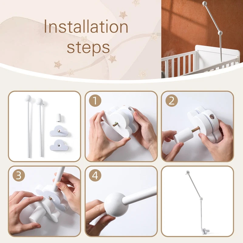 Baby Wooden Cloud Bed Bell Rattle Holder Bracket Mobile Hanging Rattle Toys Arm Bracket for 0-12 Months Newborn Crib Decoration