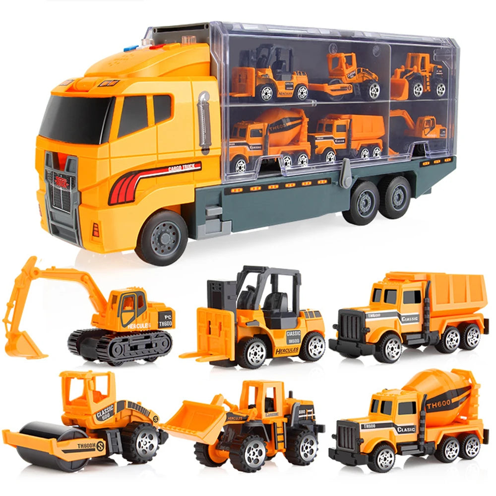 Big Construction Car with 6pcs Mini Cars Kids Toy Container Transporter Engineering Vehicle Fire Truck Racing Car Children Gifts