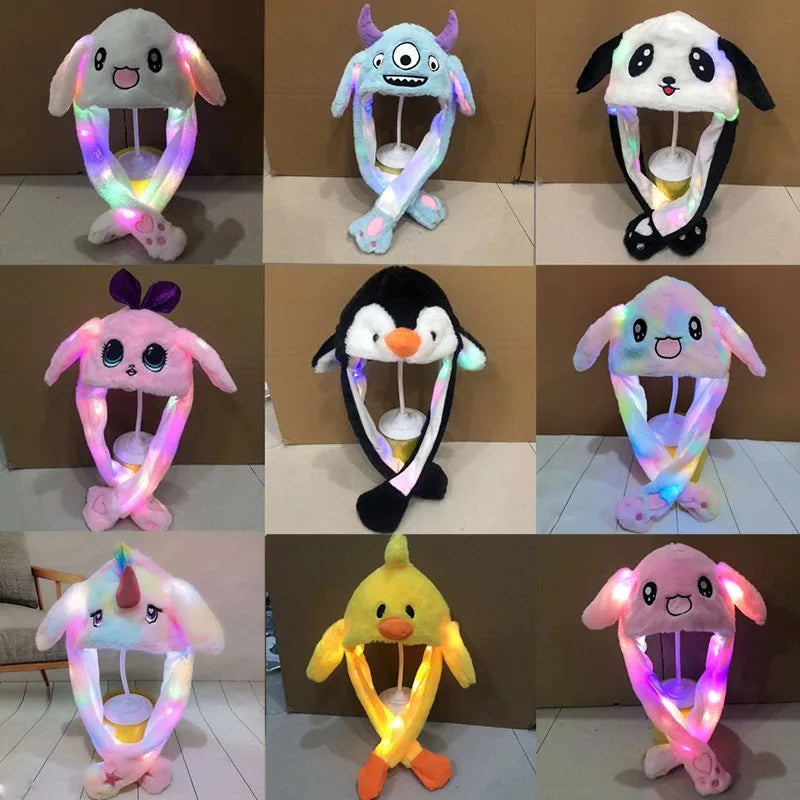 LED Light Bunny Ear Moving Hat Cute Animal Hat with Luminous Jumping up Plush Moving Ears Cap for Kids Funny Cosplay Party Hat