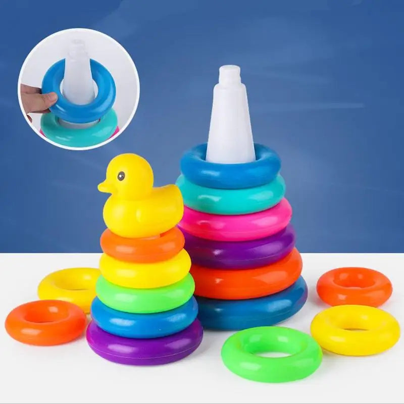 Adorable Yellow Duck Toy Color Stacking Rings Tower Toy Kids Toddler Bath Tub Play Toy Gift Baby Elatric Toys Stacking Cups