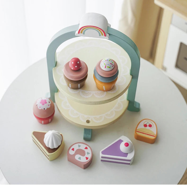 Wooden Kitchen Pretend Play Toy Kids Wooden Toys Coffee Maker Set Cake Ice Cream Tea Playset Toddler Learning Educational Toys