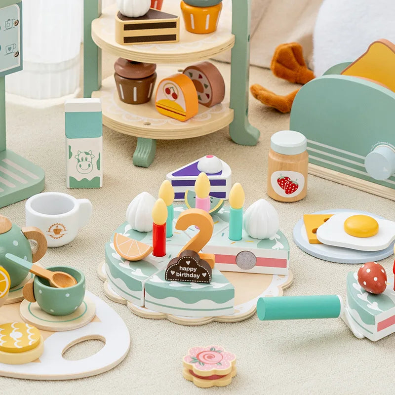 Wooden Kitchen Pretend Play Toy Kids Wooden Toys Coffee Maker Set Cake Ice Cream Tea Playset Toddler Learning Educational Toys