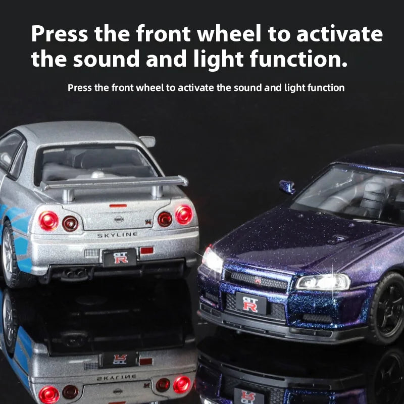 1:32 Nissan GTR R34 Skyline Supercar Alloy Metal Diecast Car Model Sound & Light Holiday Boyfriend Gift Collect Hobby Ornaments