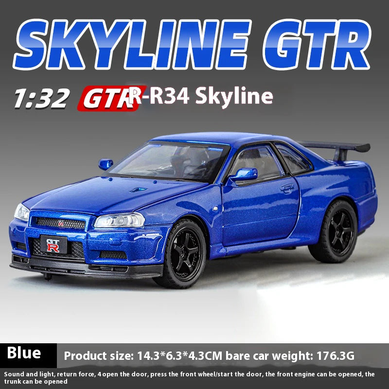 1:32 Nissan GTR R34 Skyline Supercar Alloy Metal Diecast Car Model Sound & Light Holiday Boyfriend Gift Collect Hobby Ornaments