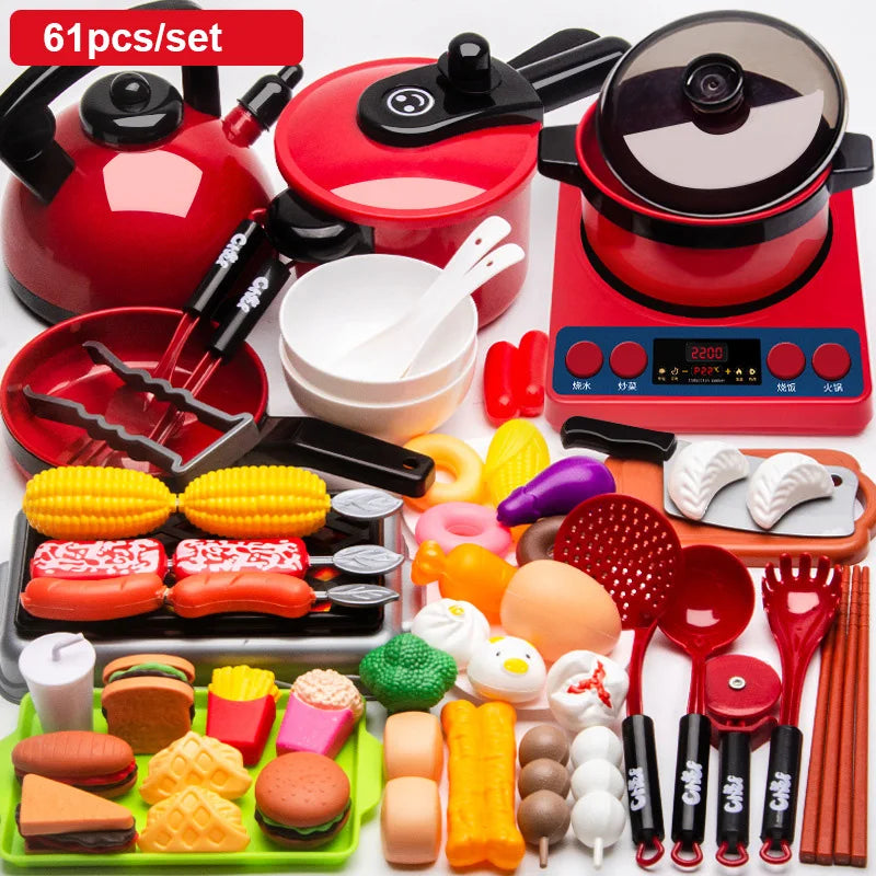 Kids Simulation Kitchen Toy Accessories Toddler Pretend Play Kitchen Toy with Cookware Steam Pot, Toy Cutlery, Cut Play Food