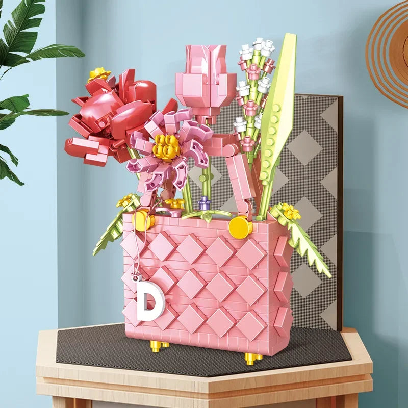 Bag flower basket Flower language girl pieced together assemble building blocks toy decoration model gift