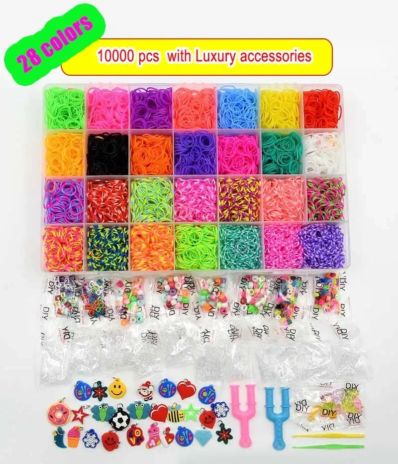 10000pcs Rubber Loom Bands Kits Beads Toys Set Hand Knitting Machine Handmade DIY Rainbow Weave Color Bracelet Girl Gift