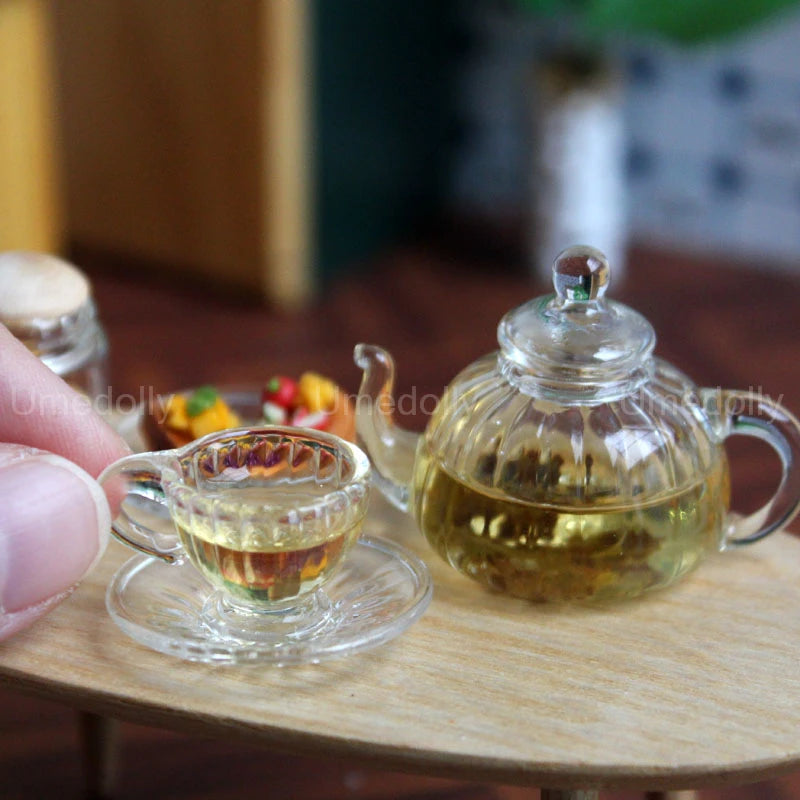 1:6 Dollhouse Miniature Glass Teapot Mini Cup with Saucer Pretend Play Food Kitchenware for BJD Bltyh Doll House Kitchen Toy