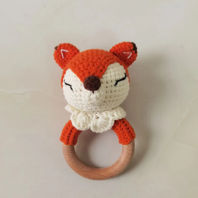 Handmade Baby Wooden Teether DIY Crochet Deer ELK Rattle Newborn Rodent Teething Ring Mobile Gym Educational Toys for Kids