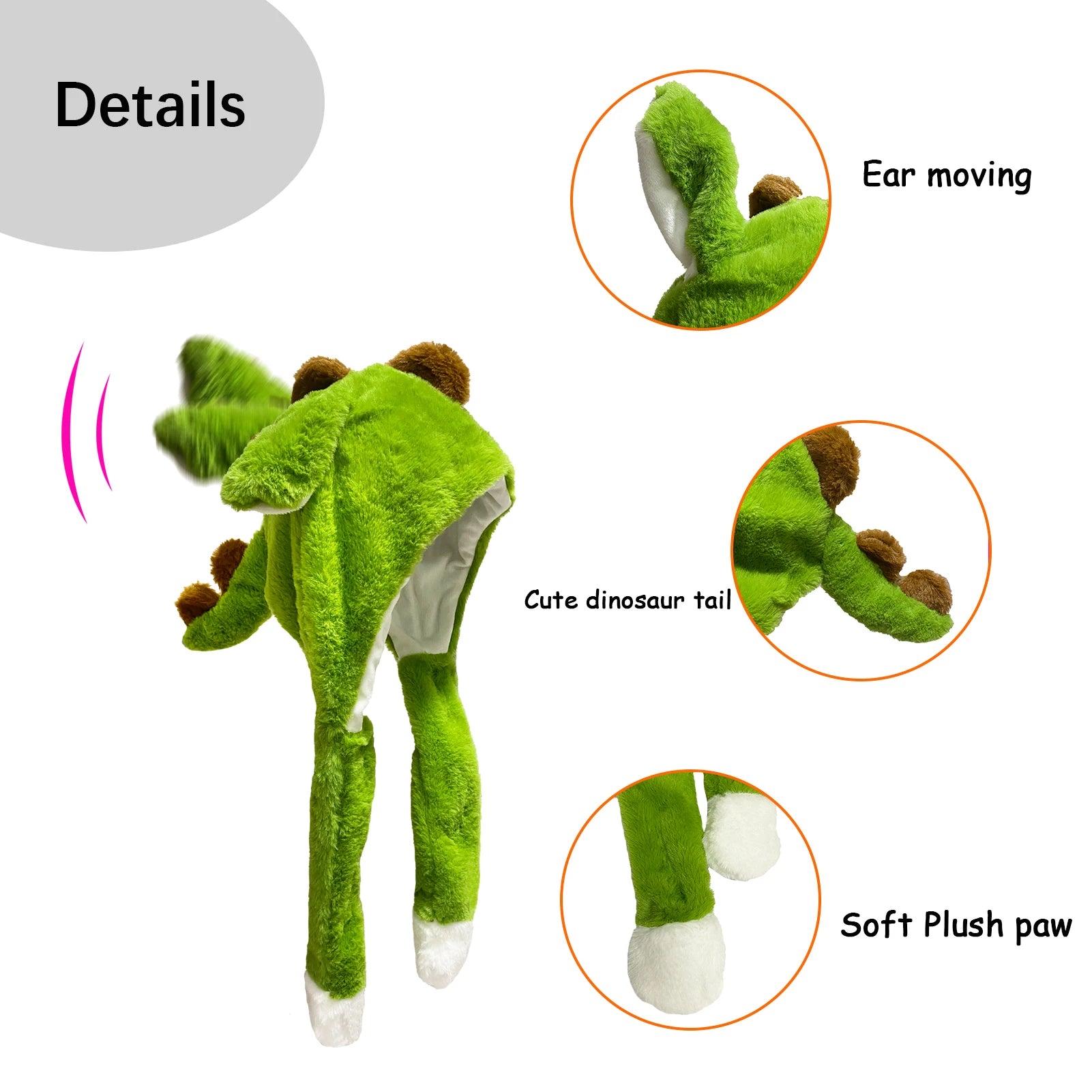 Dinosaur Ear Move Hat Animal Plush Bunny Ears Moving Jumping Up Dress Up Cosplay Party for Kids Adult Halloween Christmas Gift