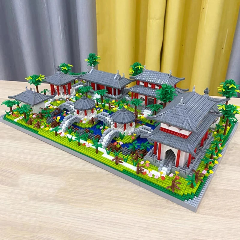 Lezi Architecture Ancient Pavilion Temple Tower Lake Garden Gate LED Light Model Mini Diamond Blocks Bricks Building Toy no Box