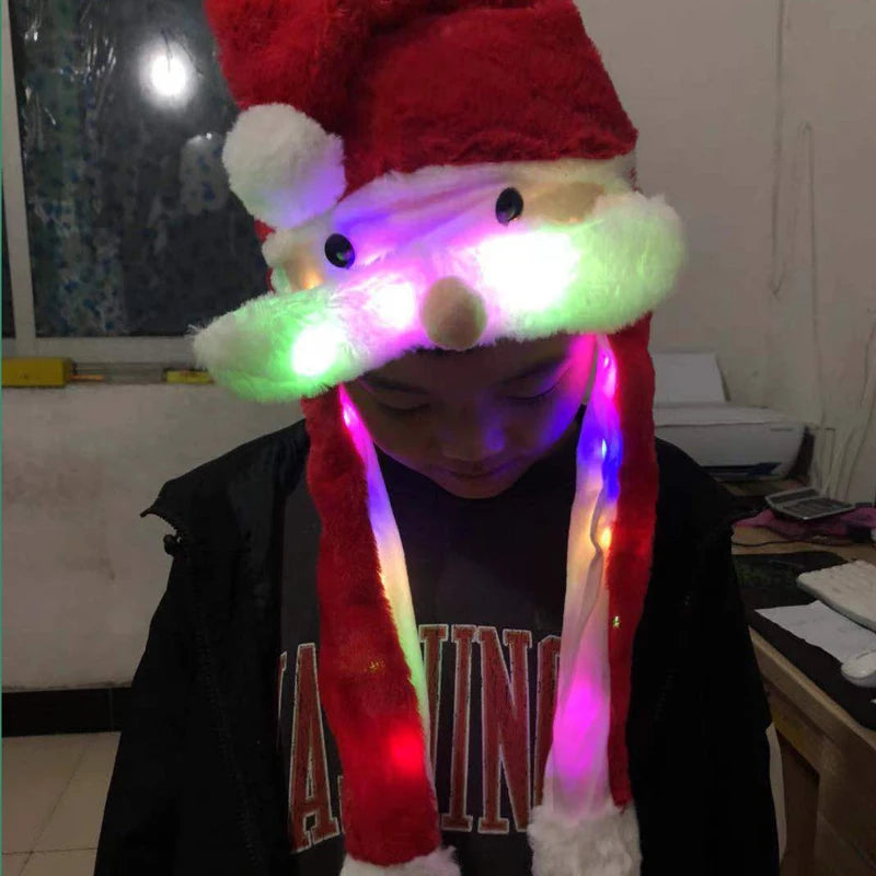 LED Santa Claus Hat With Moving Beard Christmas Funny Gift For Kids Boys Girls Cute Cosplay Santa Claus Glowing Hat Plush Toy