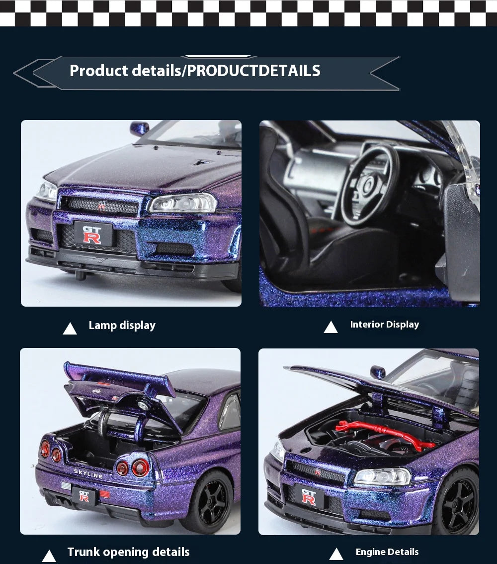 1:32 Nissan GTR R34 Skyline Supercar Alloy Metal Diecast Car Model Sound & Light Holiday Boyfriend Gift Collect Hobby Ornaments