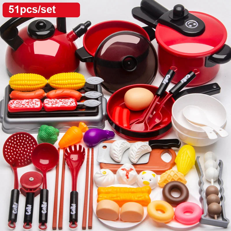 Kids Simulation Kitchen Toy Accessories Toddler Pretend Play Kitchen Toy with Cookware Steam Pot, Toy Cutlery, Cut Play Food