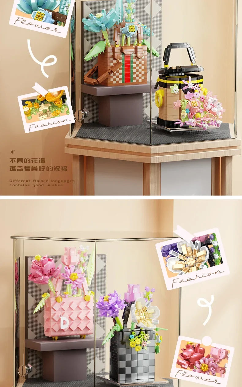 Bag flower basket Flower language girl pieced together assemble building blocks toy decoration model gift
