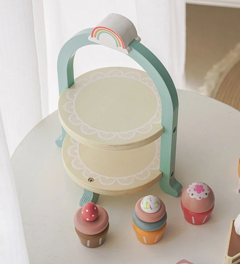 Wooden Kitchen Pretend Play Toy Kids Wooden Toys Coffee Maker Set Cake Ice Cream Tea Playset Toddler Learning Educational Toys