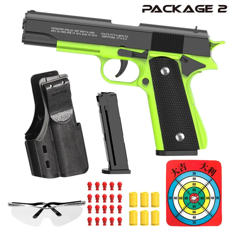 New.All Black M1911 Colt Toy Gunman Gun, Soft Bullet Shell, Catapult Blaster, Manual Air Gun Launcher, Boys Shooting Game 14+y