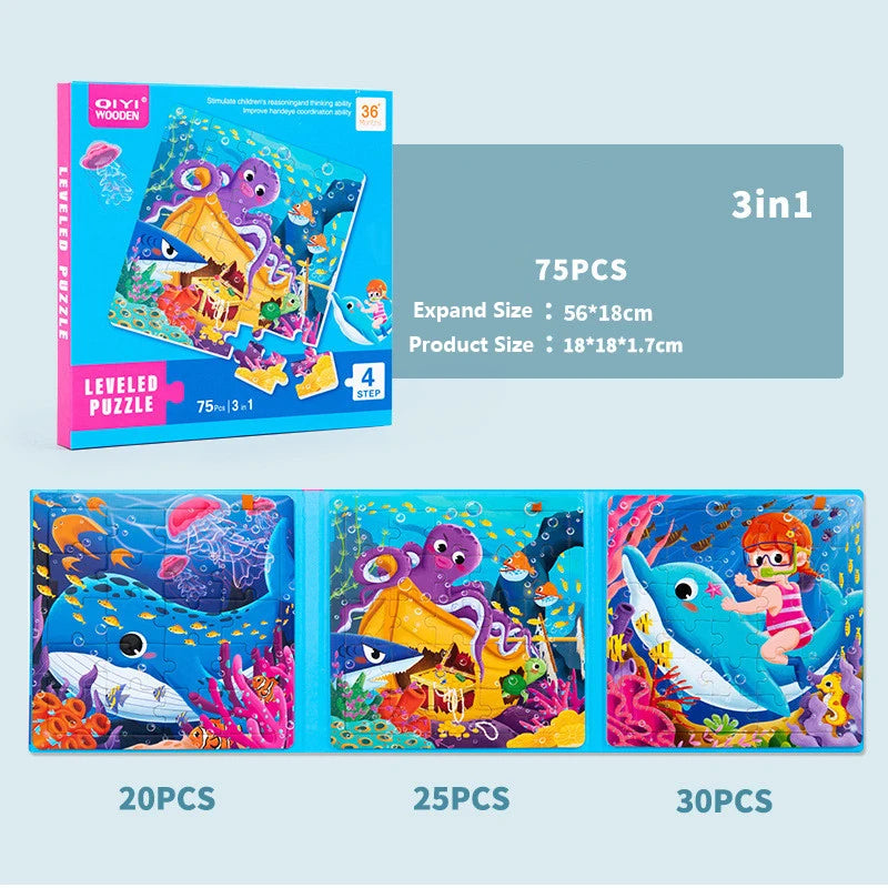 3 in 1 Cartoon Puzzle Book Baby Educational Toy Puzzle Folding Dinosaur Animal Travel Game Early Education Toy Gifts
