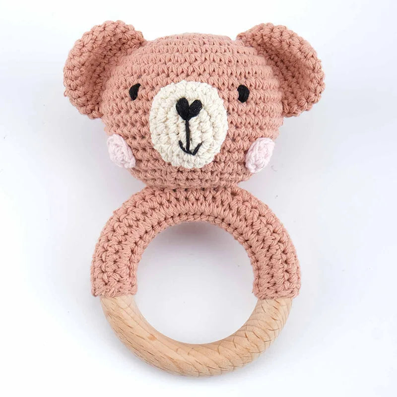 Handmade Baby Wooden Teether DIY Crochet Deer ELK Rattle Newborn Rodent Teething Ring Mobile Gym Educational Toys for Kids