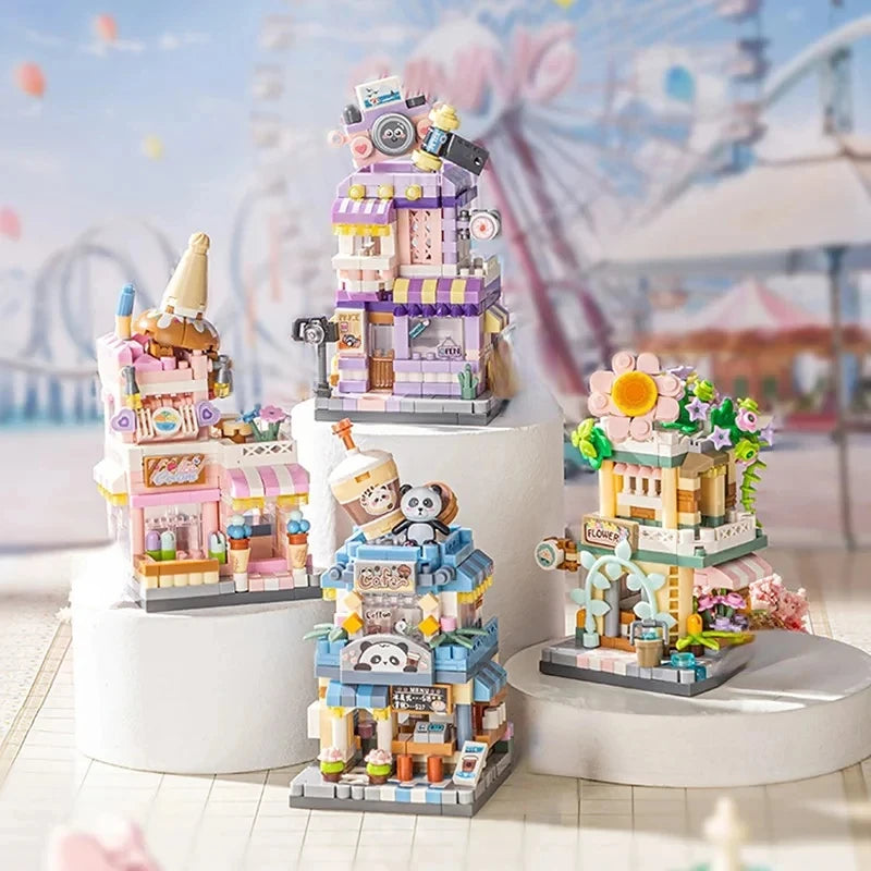City Street View Building Block Set DIY Ice Cream Coffee Flower Shop Model Building Toy Ideal for Home Decor and Holiday Gifts