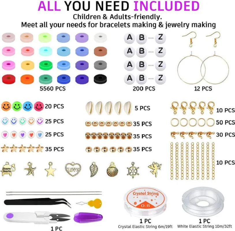 Rainbow Color Flat Chip Beads For Boho Bracelet Necklce Making Letter Beads Accessories Kit DIY Toys for Kids Adult Xmas Gift